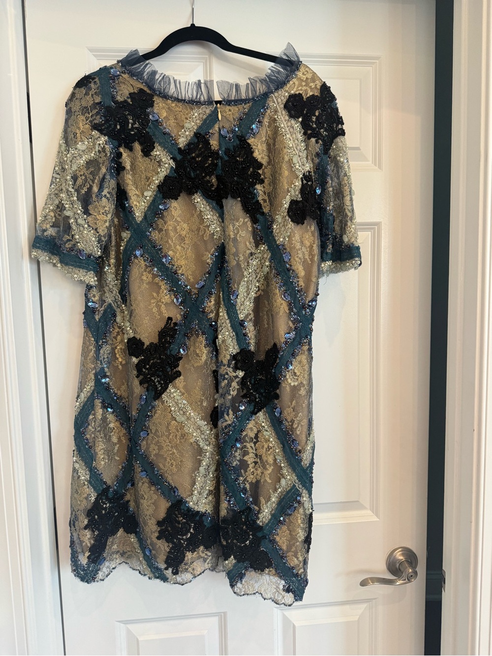 Peggy Jennings Gold Lace Midi Dress with Teal Trim and Black Appliqué